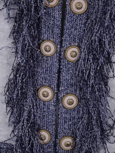 Balmain Women's Collarless Glittered Fringed Tweed Jacket In Purple