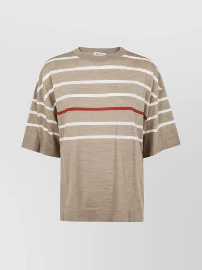 Brunello Cucinelli Crew Neck Striped Short Sleeves Sweater In Brown
