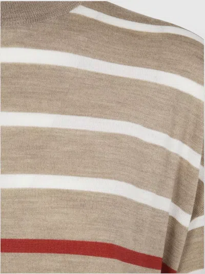 Brunello Cucinelli Crew Neck Striped Short Sleeves Sweater In Brown