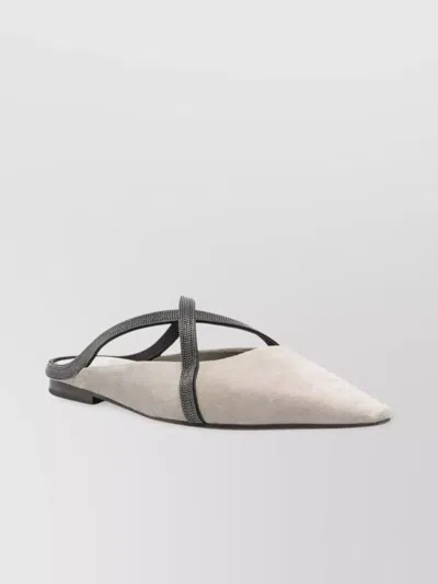 Brunello Cucinelli Square Pointed Ballet Flat With Cross Strap In Gray