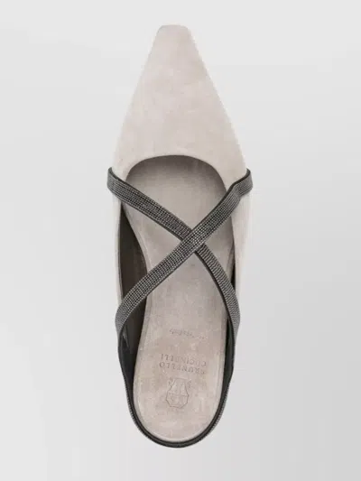 Brunello Cucinelli Square Pointed Ballet Flat With Cross Strap In Gray