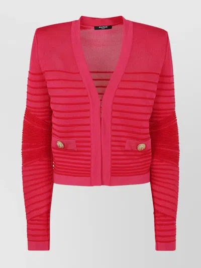 Balmain V-neck Ribbed Knit Cardigan Pockets In Red