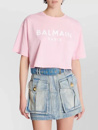 Balmain Cropped Logo Screen Print Tee In Pink