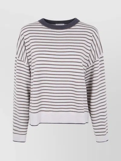 Brunello Cucinelli Striped Crew Neck Sweater In Gray