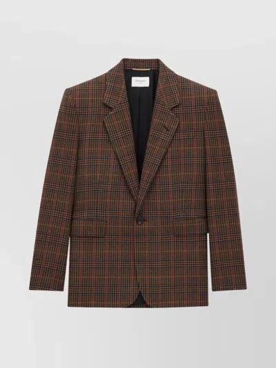 Saint Laurent Wool Check Single-breasted Jacket With Notched Collar In Brown