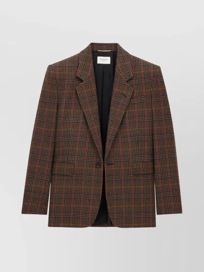 Saint Laurent Wool Check Single-breasted Jacket With Notched Collar In Brown