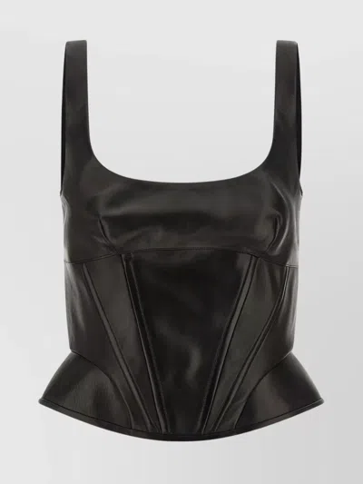 Ermanno Scervino Square Neckline Leather Top With Panel Detailing In Black