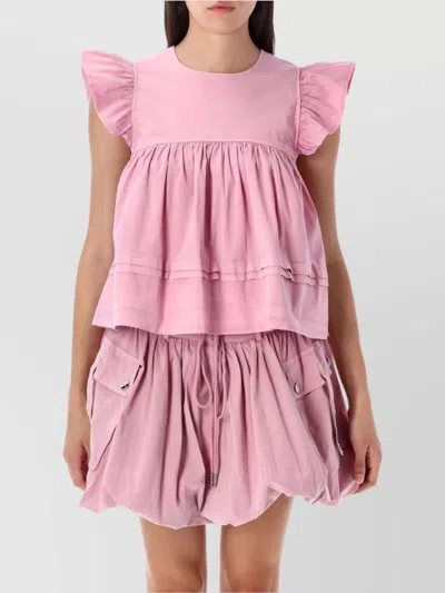 Ganni Flared Layered Frill Top In Pink