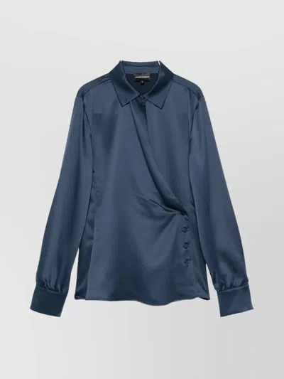 Emporio Armani Wrap Front Collared Shirt With Buttoned Cuffs In Blue