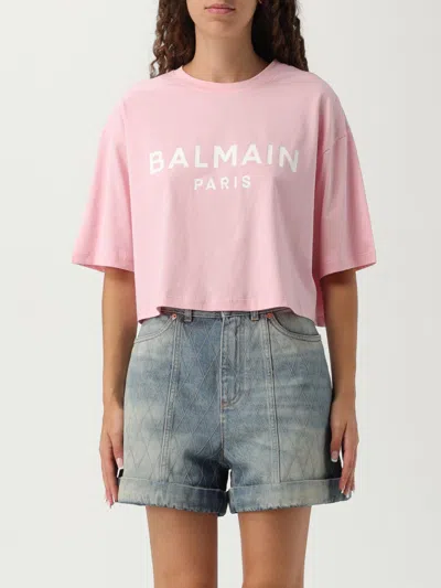 Balmain Cropped Logo Screen Print Tee In Pink
