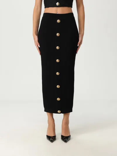 Balmain Black Viscose Blend Ribbed Knit Midi Skirt In Black