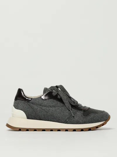Brunello Cucinelli Runners In Techno Fabric And Calfskin With Precious Trim In Gray