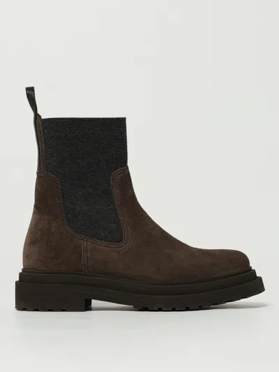 Brunello Cucinelli Chunky Sole Suede Ankle Boots With Monili Detail In Brown