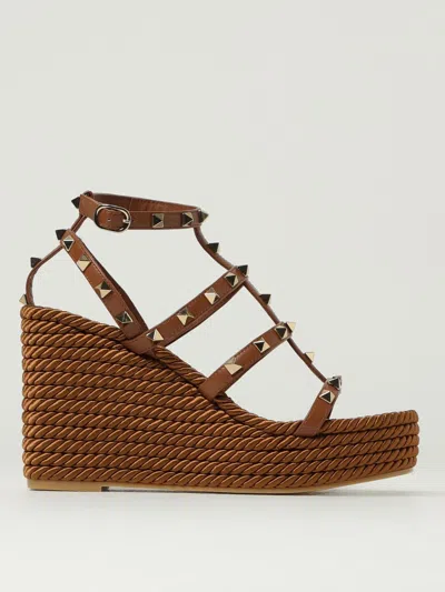 Valentino Sandals With Woven Wedge Heel And Studded Straps In Brown