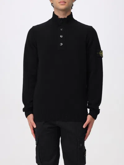 Stone Island High Collar Pullover With Buttoned Placket And Logo Patch In Black