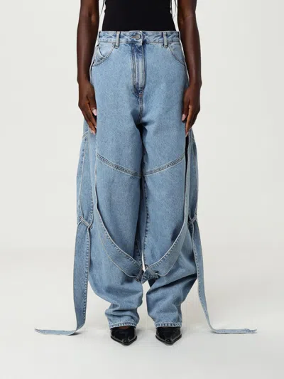 Attico Blue Jeans With Maxi Drawstring On The Front And Logo Patch On The Rear In Denim Woman In Blue