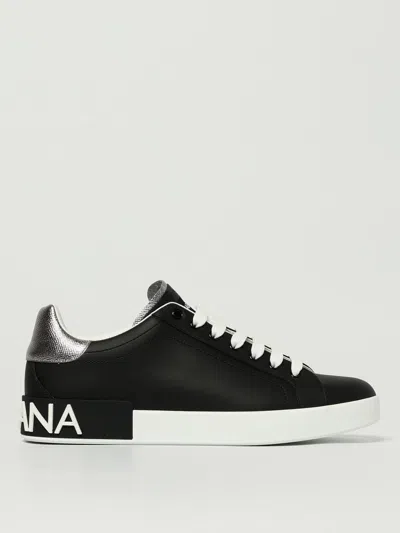Dolce & Gabbana Portofino Sneakers In Black Leather With Silver Inserts Dolce E Gabbana