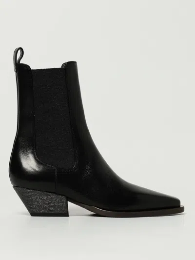 Brunello Cucinelli Leather Ankle Boots Cuban Heel In Black