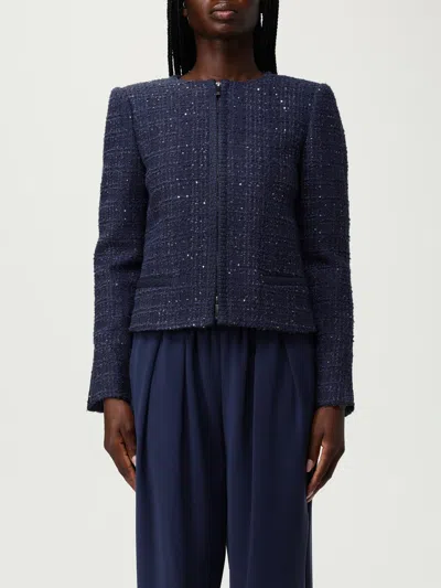 Emporio Armani Lurex Tweed Zip-up Jacket With Micro Sequins In Blue
