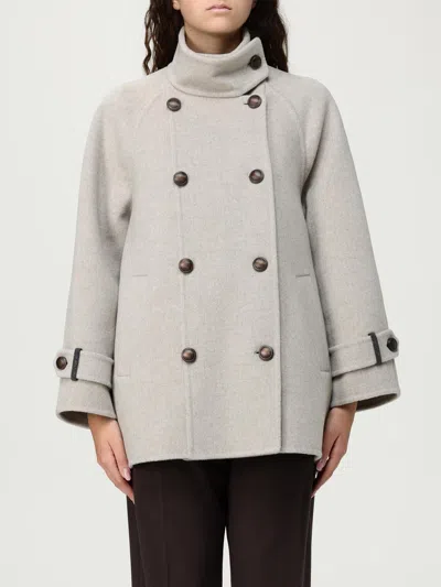 Brunello Cucinelli Virgin Wool And Cashmere Peacoat In Double Cloth With Shiny Cuff Details In Gray