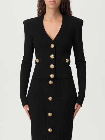 Balmain Black Fitted Cardigan With V Neckline And Jewel Buttons In Knit In Black