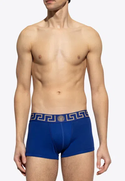 Versace Greca Border Stretched Boxer Briefs In Blue