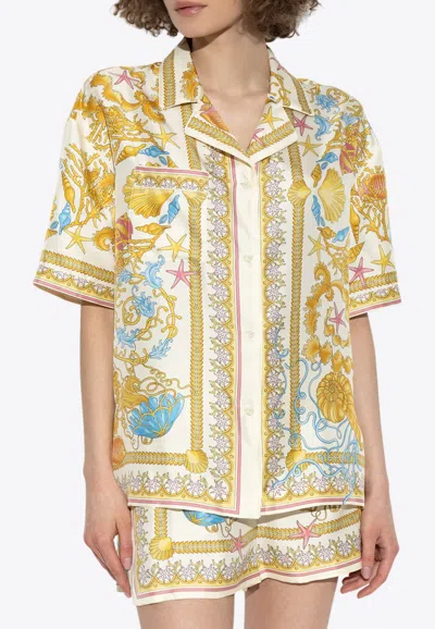 Versace Multicolor Bowling Shirt With Cuban Collar And All-over Underwater Barocco Print In Yellow