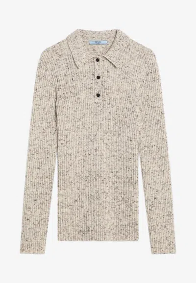 Prada Natural Colour Polo In Wool Blend In Neutral