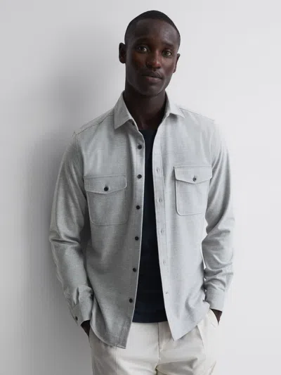 Reiss Soft Grey Melange Button Through Twin Pocket Overshirt In Gray