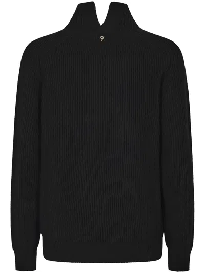 Dondup High Collar Sweater With Split Design And Textured Ribbing In Black
