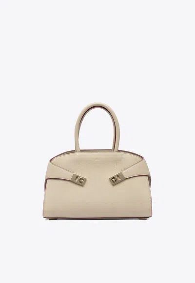 Ferragamo Medium Hug Leather Top Handle Bag In Neutral