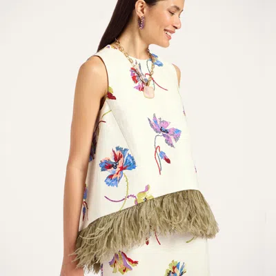 La Doublej La Scala Feather-trimmed Cotton Top In White