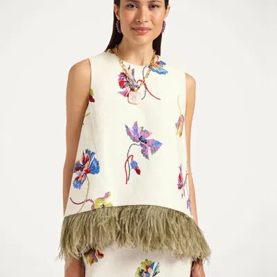 La Doublej La Scala Feather-trimmed Cotton Top In White