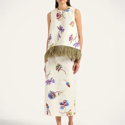 La Doublej La Scala Feather-trimmed Cotton Top In White