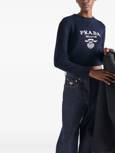 Prada Wool And Cashmere Crew-neck Sweater In Blue