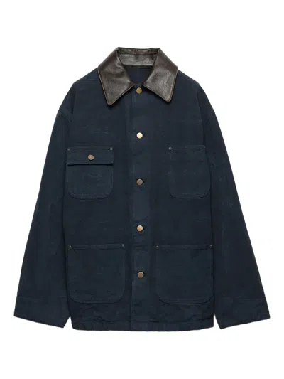 Prada Leather-collar Canvas Utility Jacket In Blue
