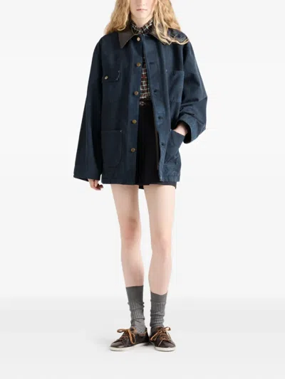 Prada Leather-collar Canvas Utility Jacket In Blue