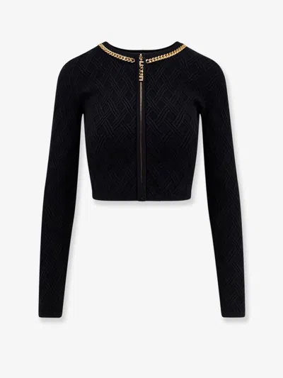Elisabetta Franchi Diamond Knit Cardigan With Black Jewel Detail In Black