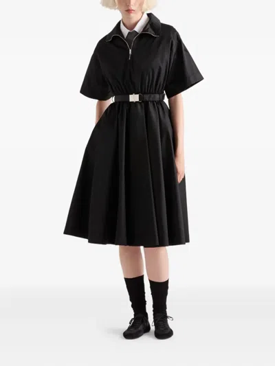 Prada Nylon Dress With Belted Waist And Flared Skirt In Blue