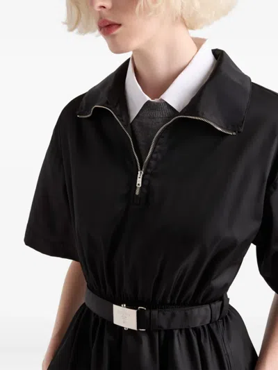 Prada Nylon Dress With Belted Waist And Flared Skirt In Blue