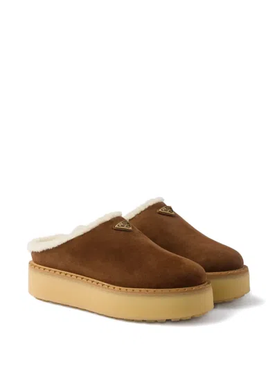Prada Shearling Lining Suede Slippers In Neutral