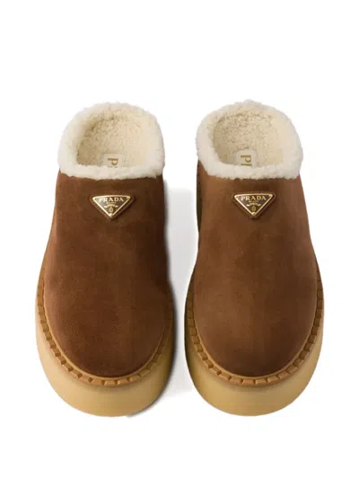 Prada Shearling Lining Suede Slippers In Neutral