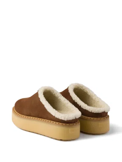Prada Shearling Lining Suede Slippers In Neutral