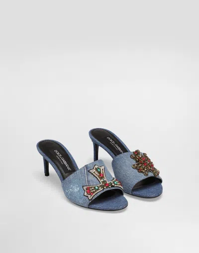 Dolce & Gabbana Denim Sandals With Patches And Embroidery In Blue