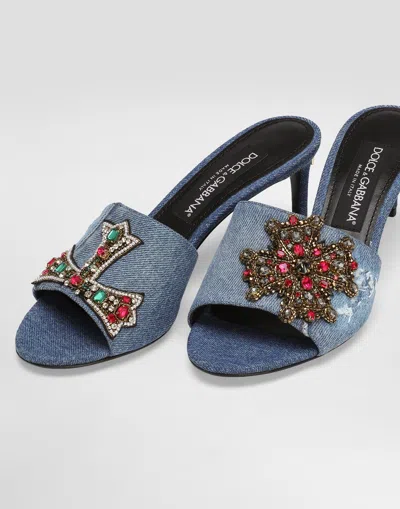 Dolce & Gabbana Denim Sandals With Patches And Embroidery In Blue