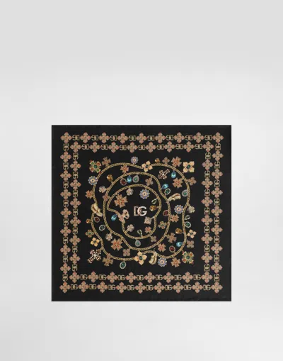 Dolce & Gabbana Floral Crystal Foulard Silk Scarf In Brown