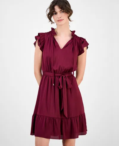 Anne Klein Tie Waist Mini Dress In Burgundy