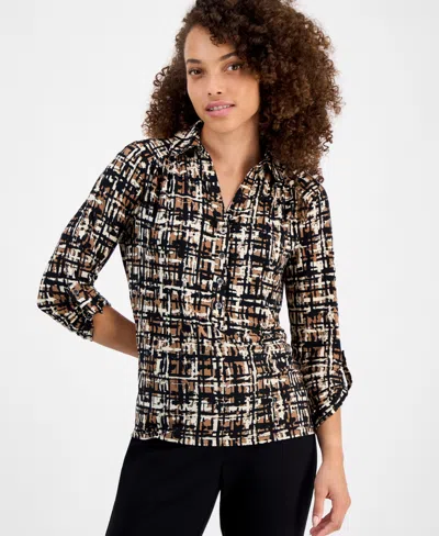 Ak Anne Klein Abstract Print Johnny Collar Half Placket Shirt In Multi