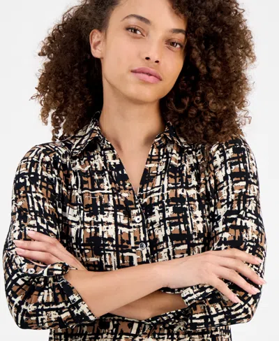 Ak Anne Klein Abstract Print Johnny Collar Half Placket Shirt In Multi