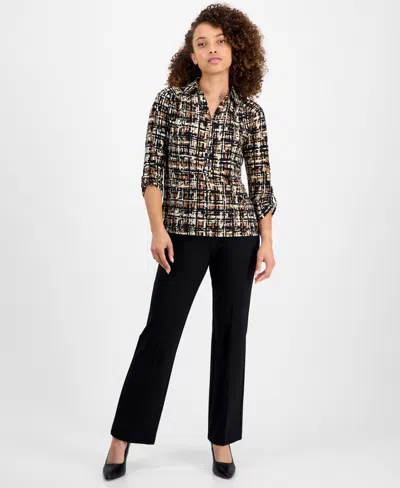 Ak Anne Klein Abstract Print Johnny Collar Half Placket Shirt In Multi